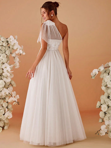 One Shoulder Pearl Dress Appliques Contrast Wedding Dress