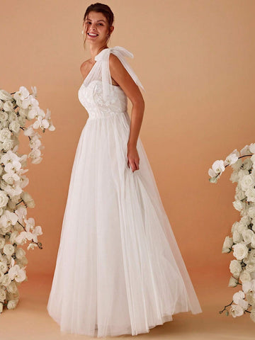 One Shoulder Pearl Dress Appliques Contrast Wedding Dress