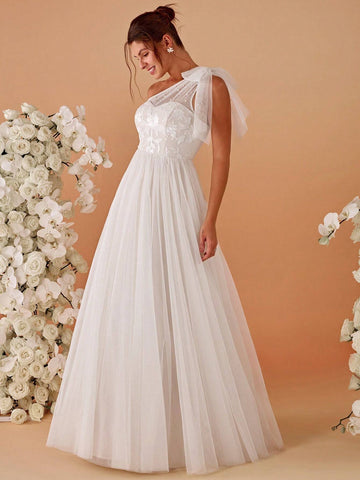 One Shoulder Pearl Dress Appliques Contrast Wedding Dress