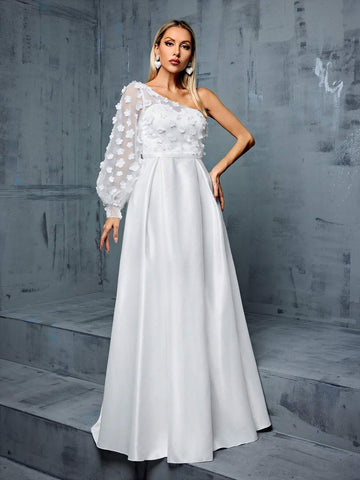 One Shoulder Pleated, Puff Sleeves, 3d Flowers Embellished, Color Block A-Line Satin Wedding Dress