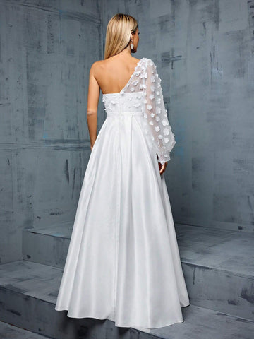 One Shoulder Pleated, Puff Sleeves, 3d Flowers Embellished, Color Block A-Line Satin Wedding Dress