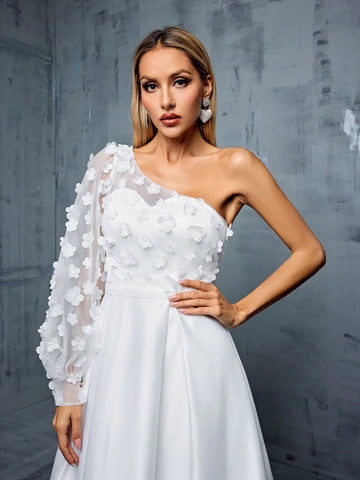 One Shoulder Pleated, Puff Sleeves, 3d Flowers Embellished, Color Block A-Line Satin Wedding Dress