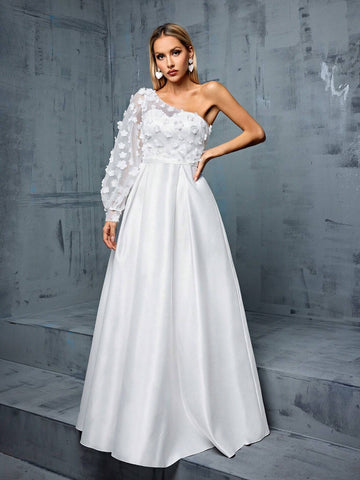 One Shoulder Pleated, Puff Sleeves, 3d Flowers Embellished, Color Block A-Line Satin Wedding Dress