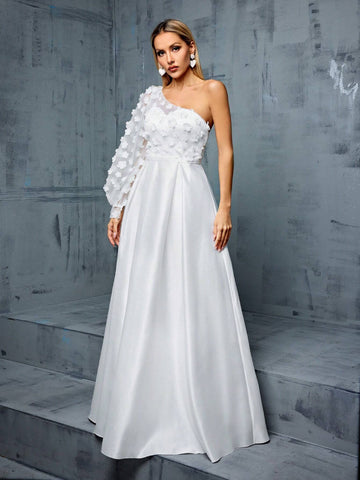 One Shoulder Pleated, Puff Sleeves, 3d Flowers Embellished, Color Block A-Line Satin Wedding Dress