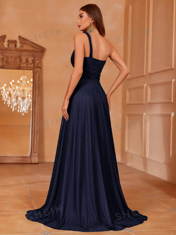 One Shoulder Ruched Bust Floor Length Satin Bridesmaid Dress