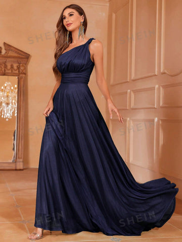 One Shoulder Ruched Bust Floor Length Satin Bridesmaid Dress