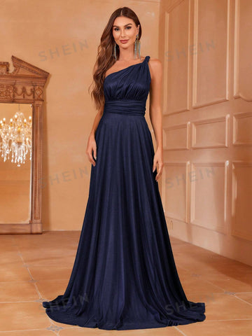 One Shoulder Ruched Bust Floor Length Satin Bridesmaid Dress