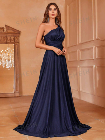 One Shoulder Ruched Bust Floor Length Satin Bridesmaid Dress