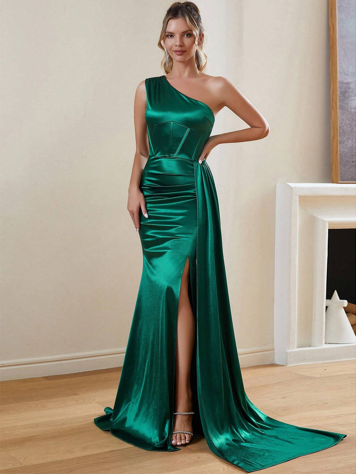 One Shoulder Ruched Fishbone Corset Split Thigh Satin Prom Dress