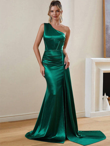 One Shoulder Ruched Fishbone Corset Split Thigh Satin Prom Dress