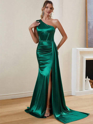 One Shoulder Ruched Fishbone Corset Split Thigh Satin Prom Dress
