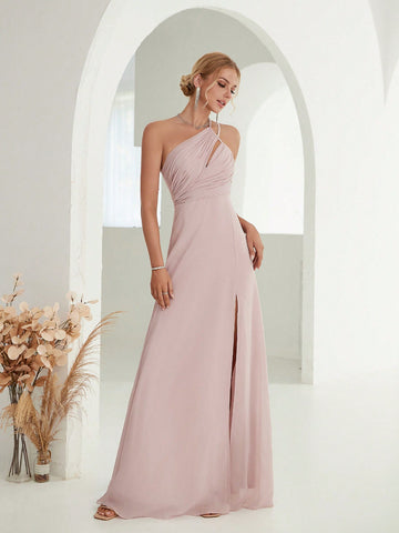 One Shoulder Ruched Split Thigh Chiffon Bridesmaid Dress