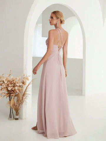 One Shoulder Ruched Split Thigh Chiffon Bridesmaid Dress