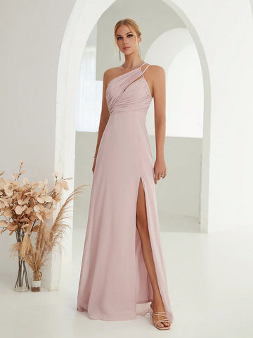 One Shoulder Ruched Split Thigh Chiffon Bridesmaid Dress