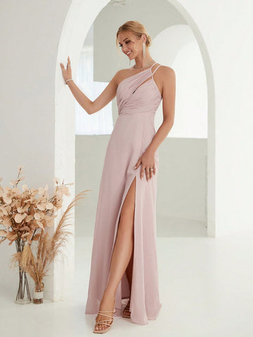 One Shoulder Ruched Split Thigh Chiffon Bridesmaid Dress