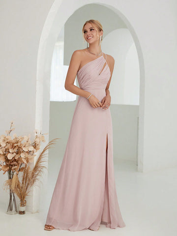 One Shoulder Ruched Split Thigh Chiffon Bridesmaid Dress
