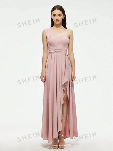 One Shoulder Ruched Split Thigh Dress