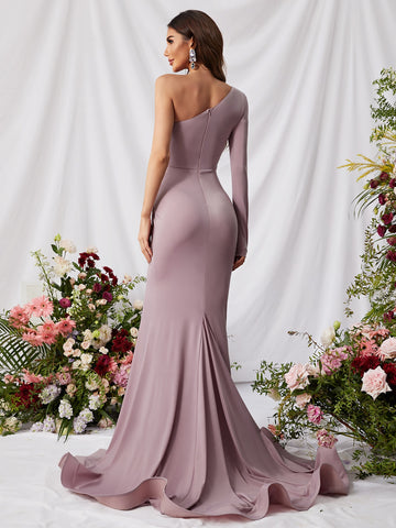 One Shoulder Ruched Split Thigh Satin Formal Dress