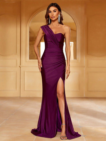 One Shoulder Ruched Wrap Hem Formal Bridesmaid Dress