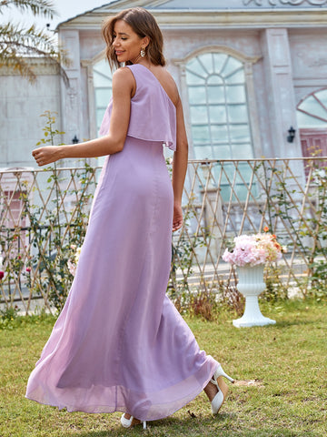 One Shoulder Ruffle Trim Chiffon Maxi Dress