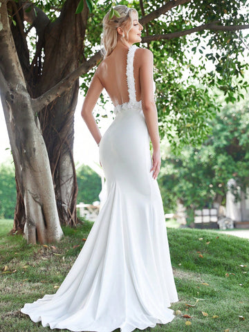 One Shoulder Ruffle Trim Mermaid Hem Wedding Dress