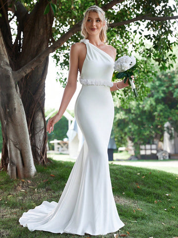 One Shoulder Ruffle Trim Mermaid Hem Wedding Dress