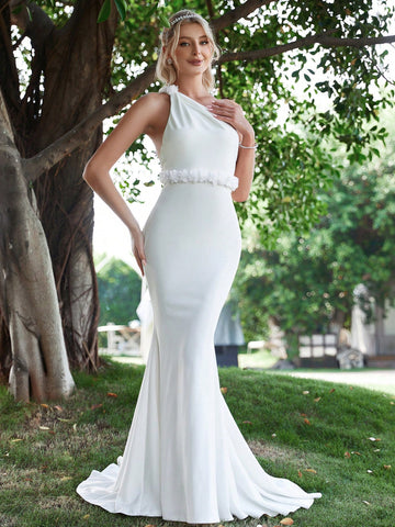 One Shoulder Ruffle Trim Mermaid Hem Wedding Dress