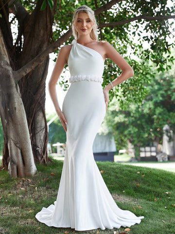 One Shoulder Ruffle Trim Mermaid Hem Wedding Dress