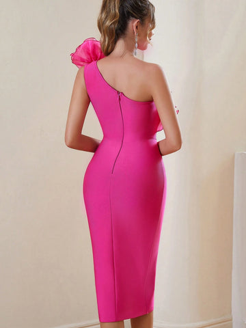One Shoulder Ruffled Split Tight Bodycon Bandage Dress For Cocktail Party