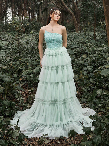 One Shoulder Sequin Bodice Contrast Mesh Hem Cake Dress