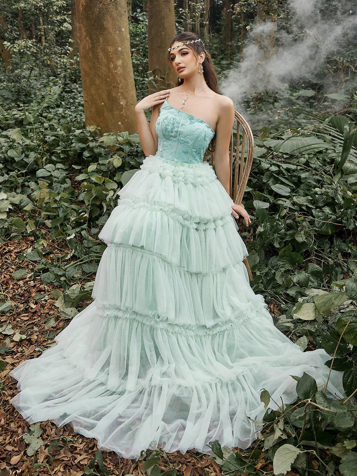 One Shoulder Sequin Bodice Contrast Mesh Hem Cake Dress