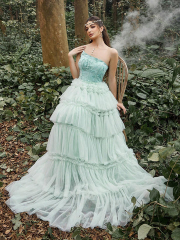 One Shoulder Sequin Bodice Contrast Mesh Hem Cake Dress