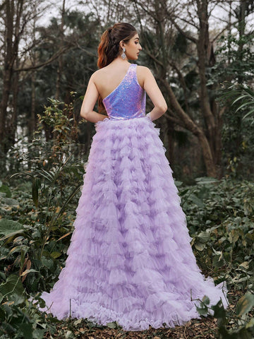 One Shoulder Sequin Contrast Mesh Prom Dress