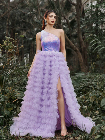 One Shoulder Sequin Contrast Mesh Prom Dress