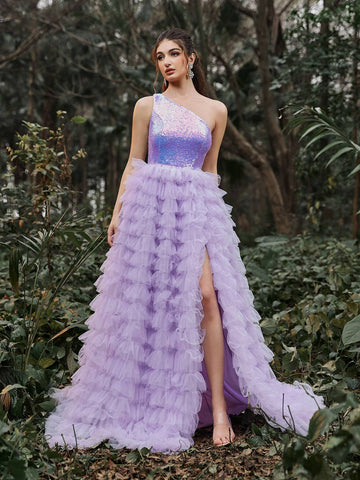 One Shoulder Sequin Contrast Mesh Prom Dress