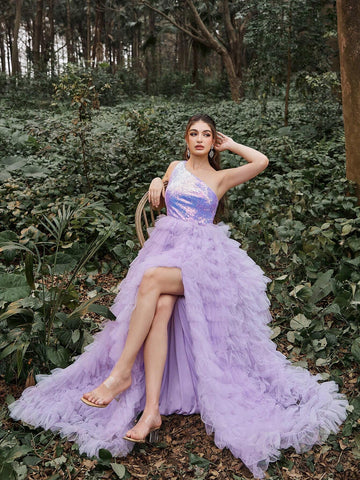 One Shoulder Sequin Contrast Mesh Prom Dress