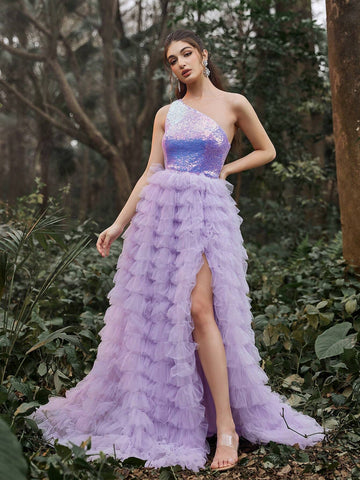 One Shoulder Sequin Contrast Mesh Prom Dress