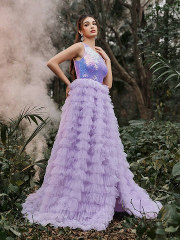 One Shoulder Sequin Contrast Mesh Prom Dress