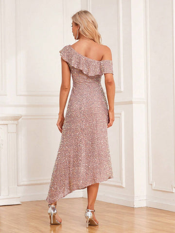 One Shoulder Sequin Irregular Hem Party Dress