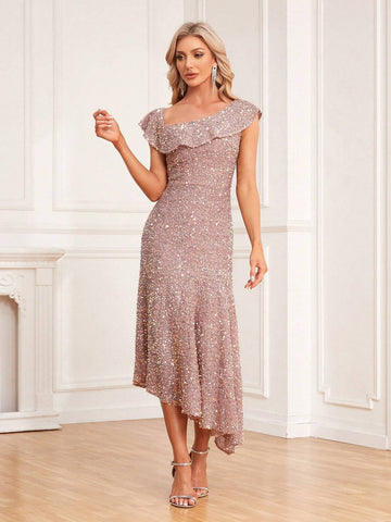 One Shoulder Sequin Irregular Hem Party Dress