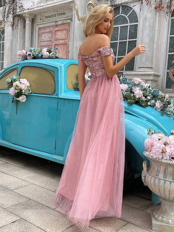 One Shoulder Sequin Patchwork Pink Tulle Slit Bridesmaid Dress