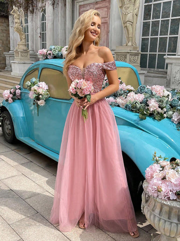 One Shoulder Sequin Patchwork Pink Tulle Slit Bridesmaid Dress