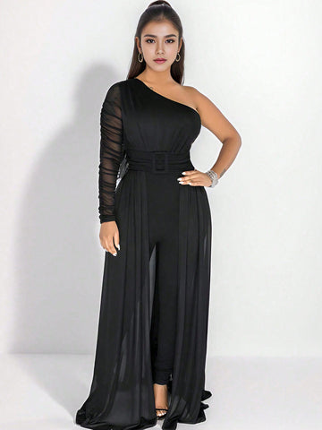 One Shoulder Slanted Neck Long Sleeve Long Pants Jumpsuit