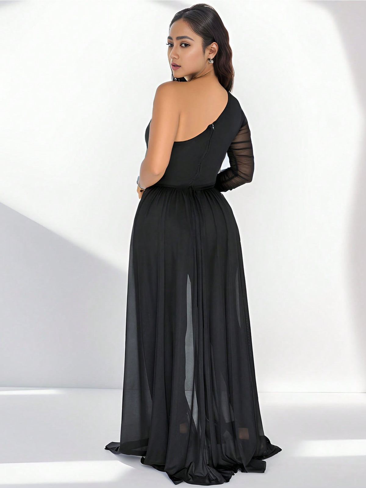 One Shoulder Slanted Neck Long Sleeve Long Pants Jumpsuit