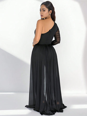One Shoulder Slanted Neck Long Sleeve Long Pants Jumpsuit