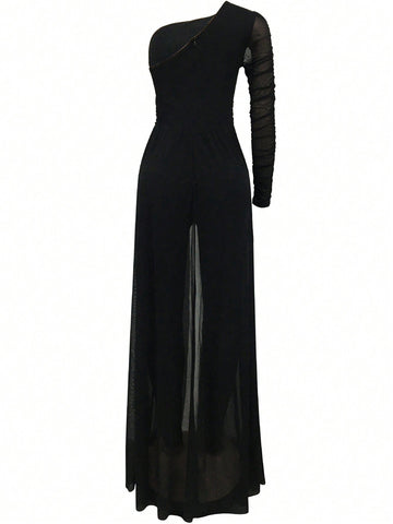 One Shoulder Slanted Neck Long Sleeve Long Pants Jumpsuit