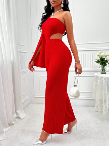 One Shoulder Split Sleeve Cut Out Waist Jumpsuit