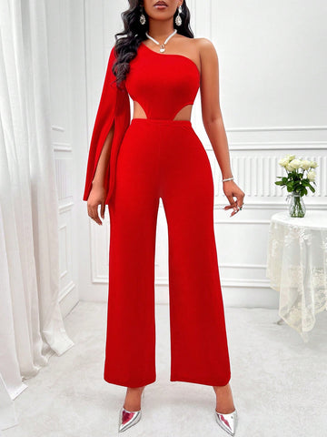 One Shoulder Split Sleeve Cut Out Waist Jumpsuit