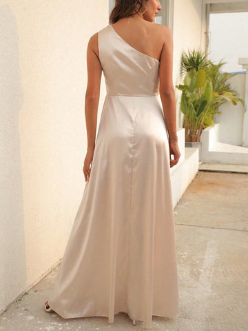 One Shoulder Split Thigh Satin Bridesmaid Dress