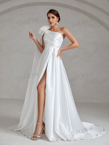 One Shoulder Split Thigh Satin Wedding Dress